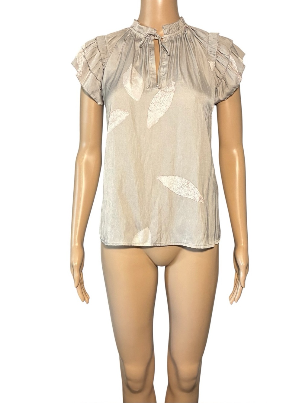 Philosophy Women's Blouse Size XP Leaf Print Flutter Sleeve Keyhole Tie Pullover